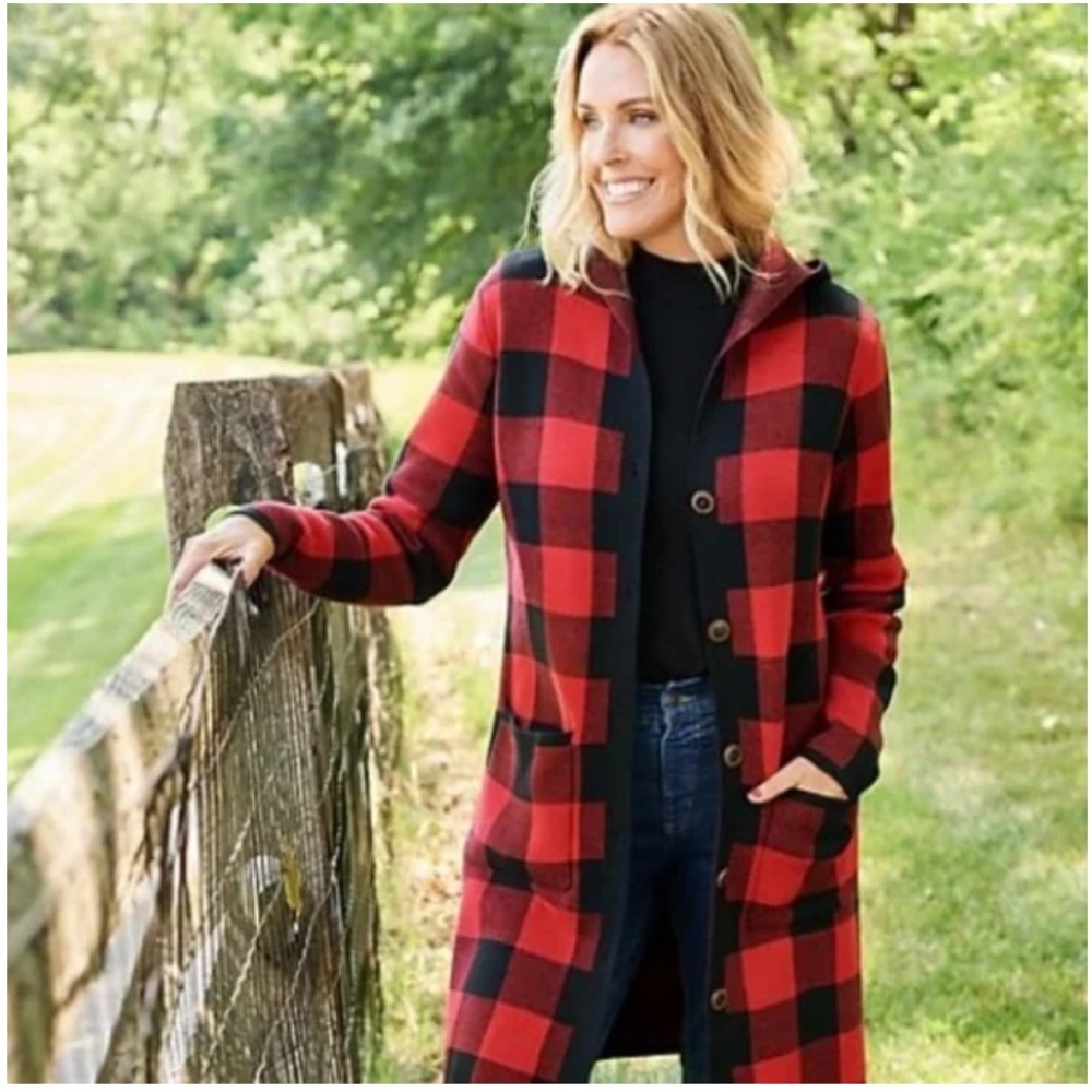Denim & Co.‎ Hooded Jacquard Sweater Knit Cardigan/Apple Red & Black Plaid Sz 2X